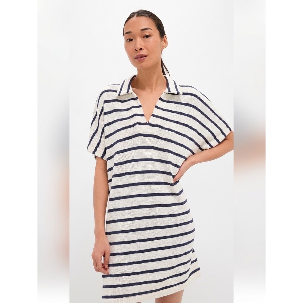 Pomander Place Maren Polo Dress M/L Cream Navy French Stripe Knit Y25033T